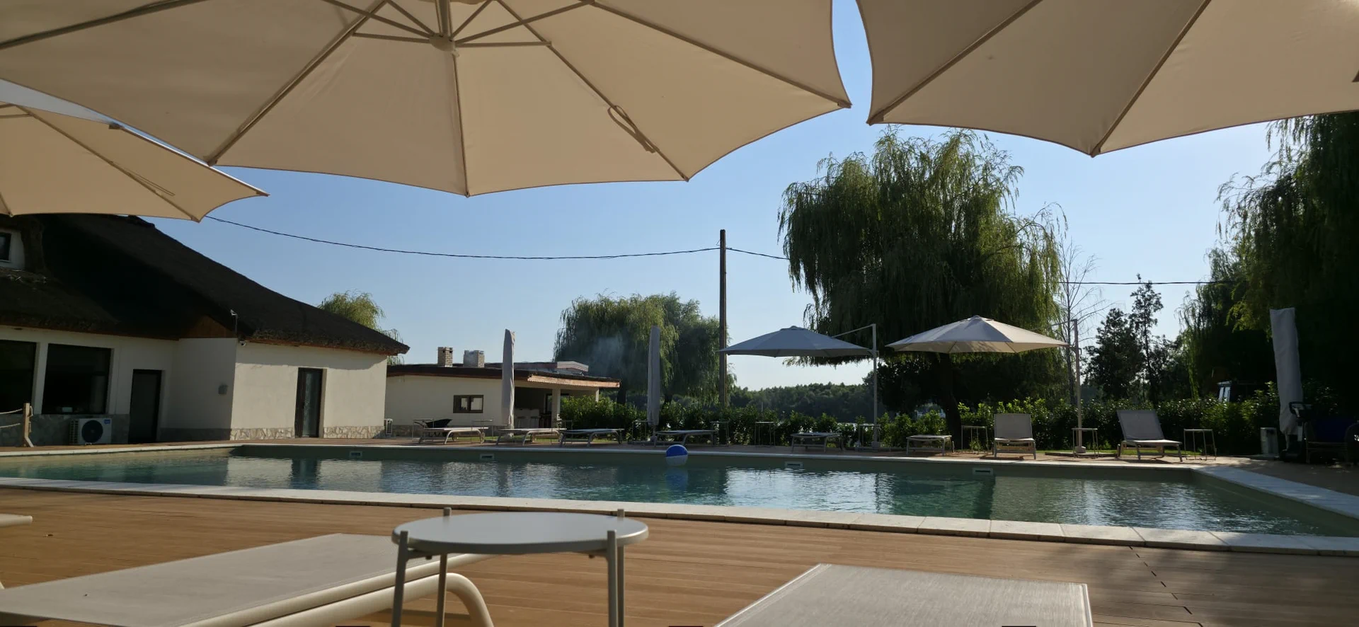 Zona piscinei de la Sunset Resort, cu șezlonguri și umbrele